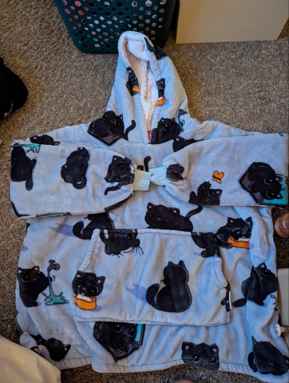 Kids Blue Hooded Oodie Top with Black Cat Print